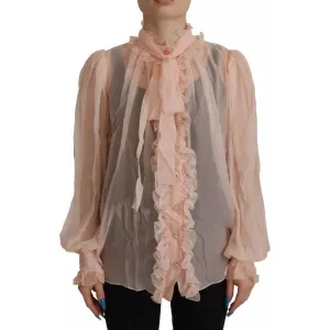 Dolce & Gabbana Light Pink Silk Ascot Collar Long Sleeves Top