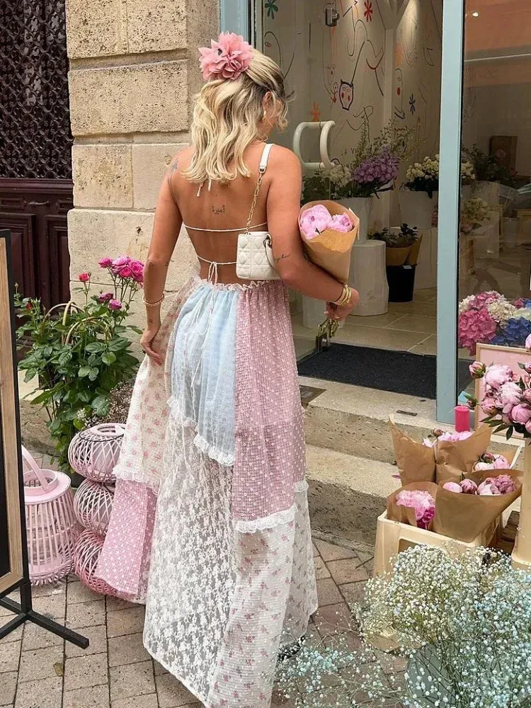 Elegant Print Perspective Lace Patchwork Long Dress Women Halter Backless Sleeveless Dresses Summer Lady Sweet High Street Robe