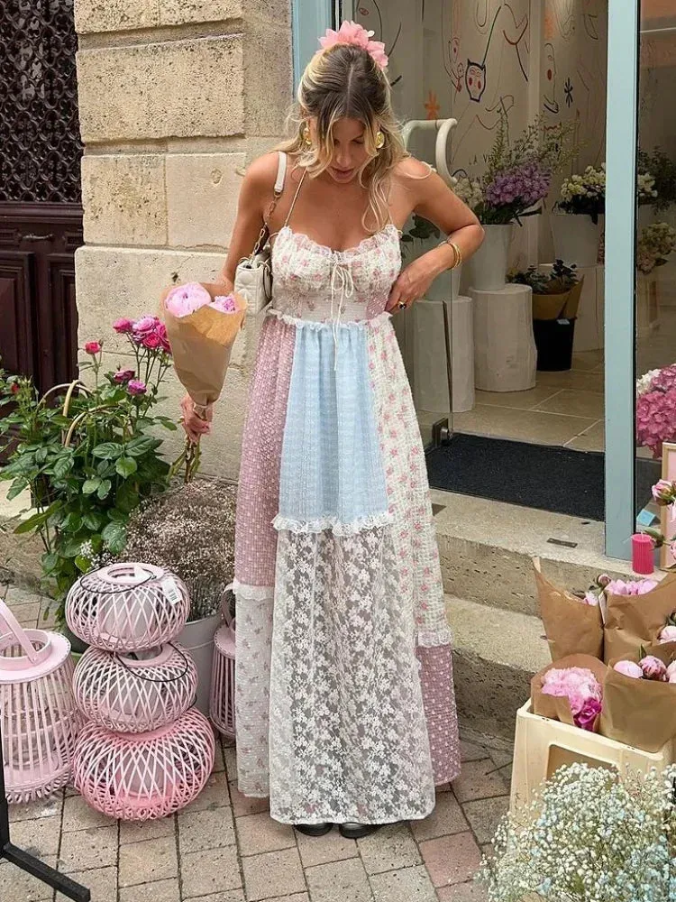 Elegant Print Perspective Lace Patchwork Long Dress Women Halter Backless Sleeveless Dresses Summer Lady Sweet High Street Robe