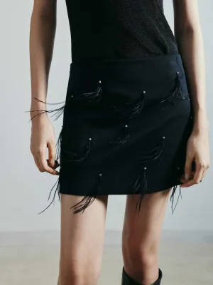 Feather Embellished Wool Skirt