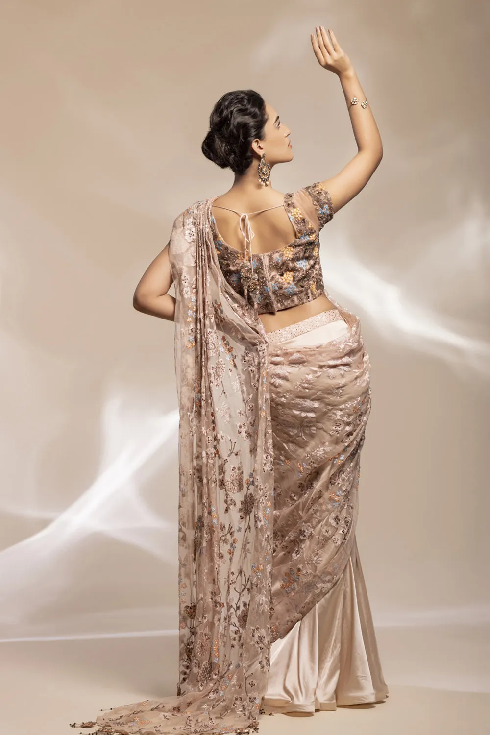 Floral Embroidered Organza Saree With Crystal Belt And Fishtail Skirt