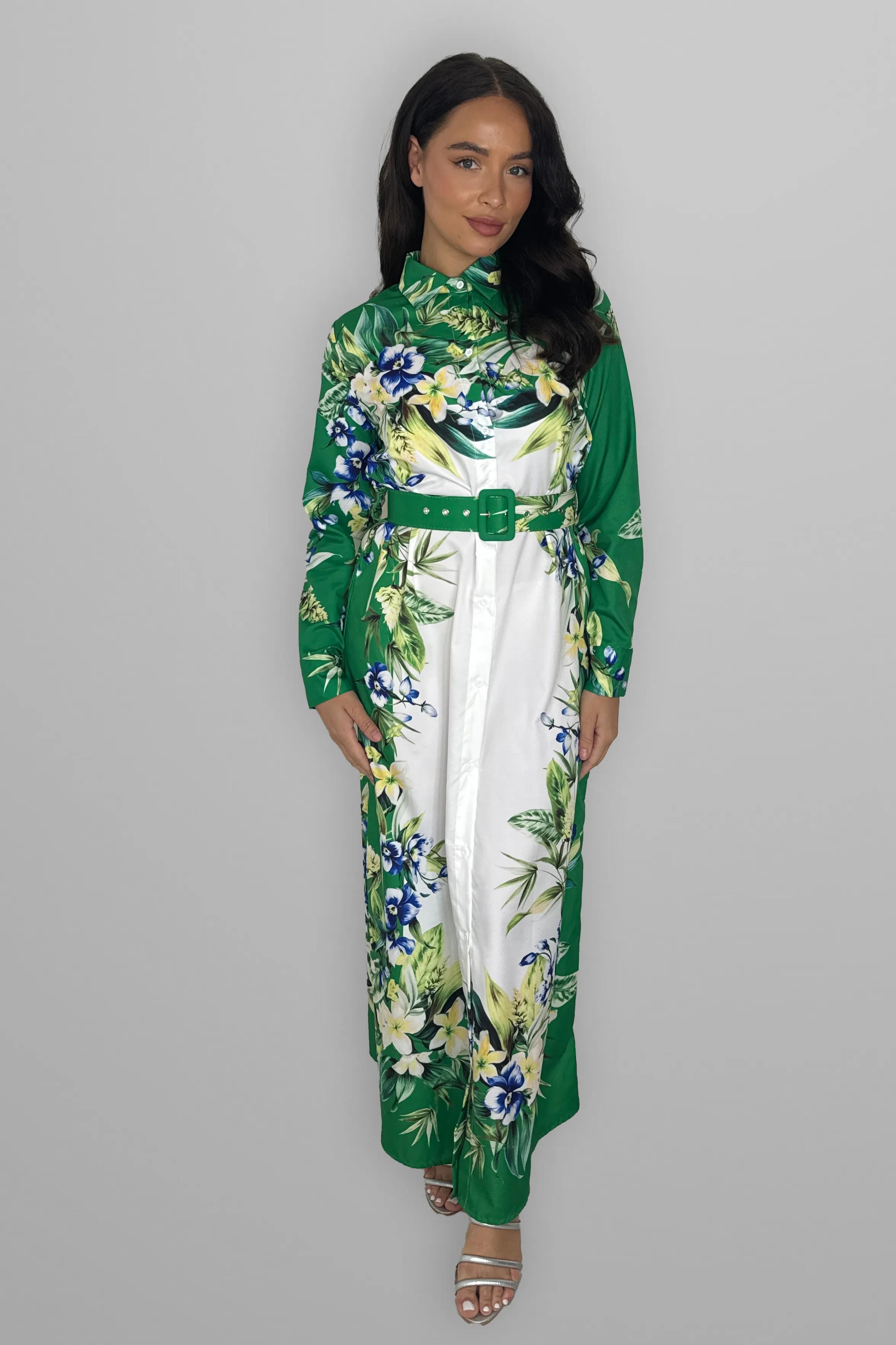 Floral Print Modern Modest Belted A Line Dress