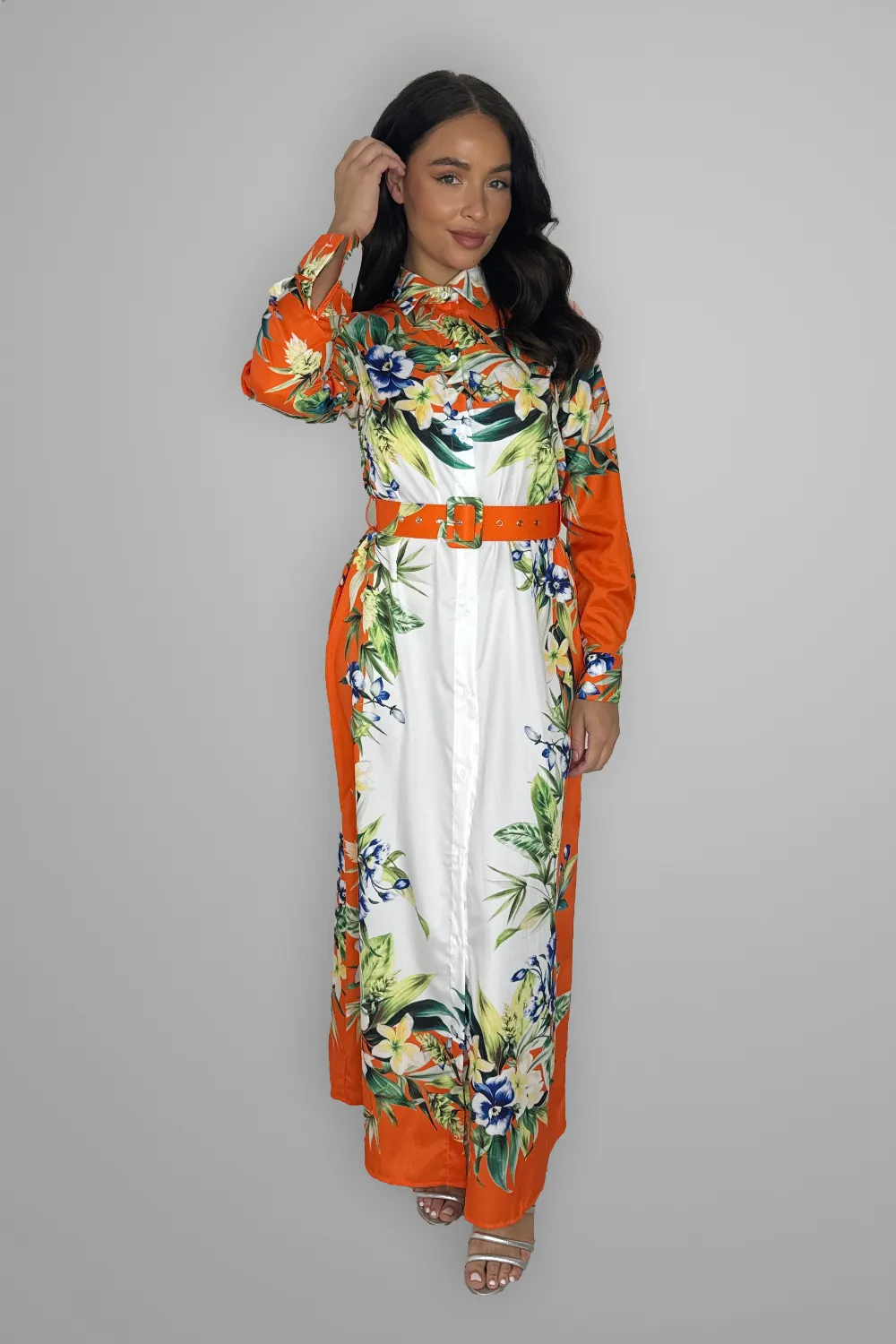 Floral Print Modern Modest Belted A Line Dress