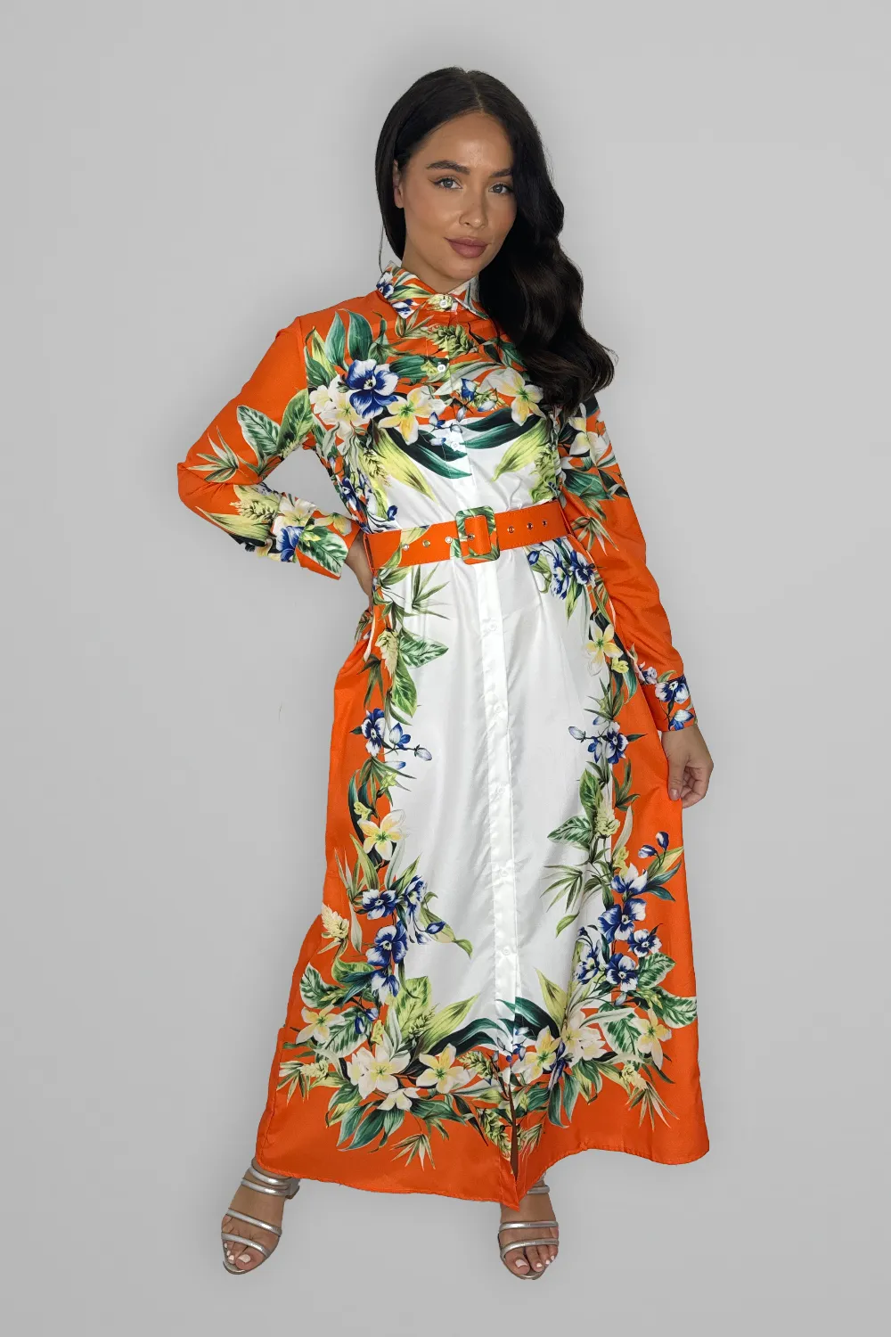 Floral Print Modern Modest Belted A Line Dress