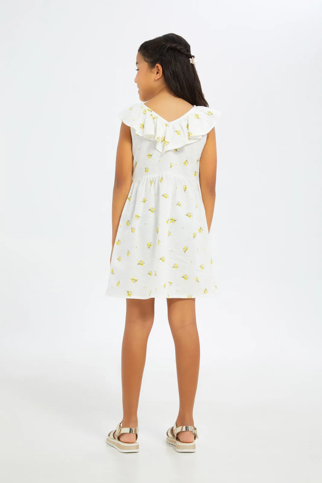 Girls White Floral Print Dress