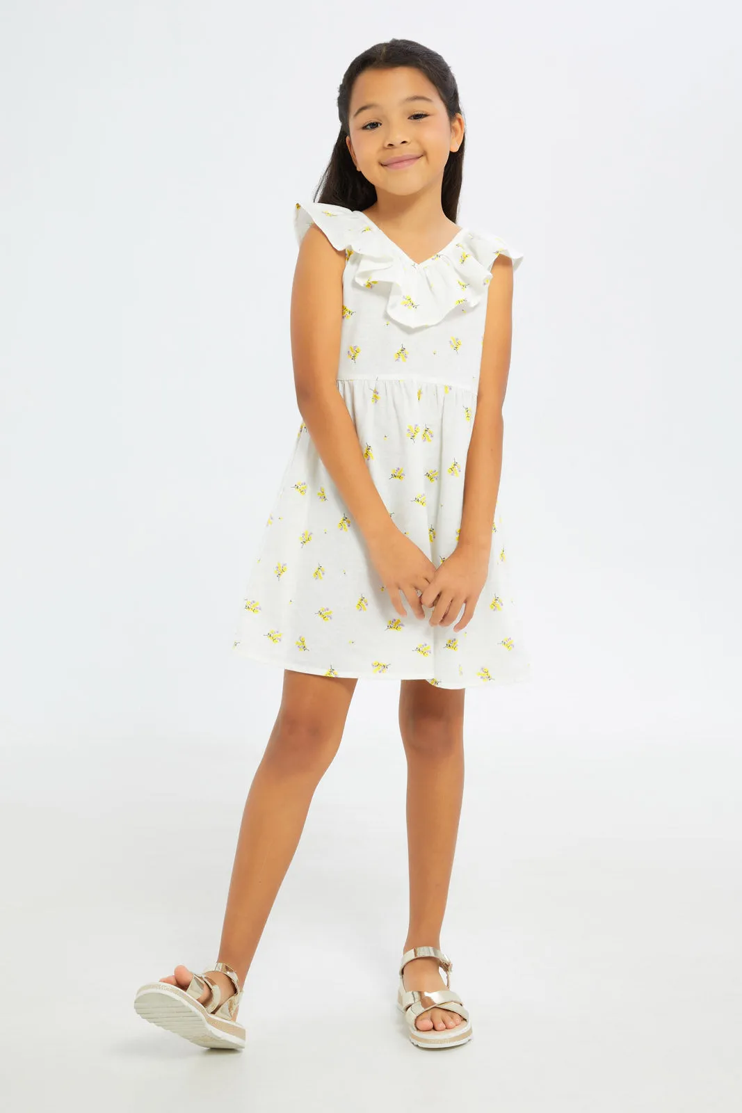 Girls White Floral Print Dress