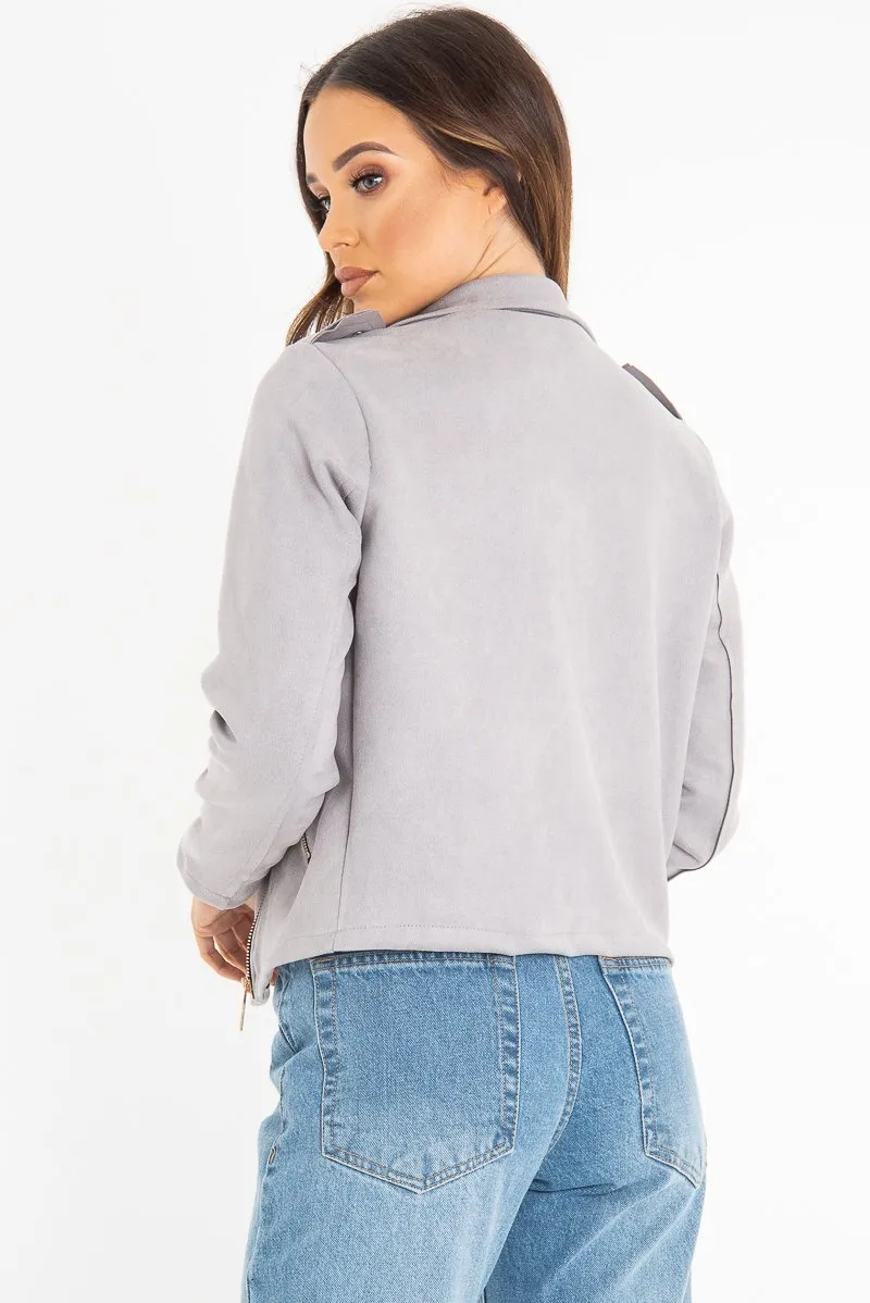 Grey Faux Suede Zip Front Biker Jacket - Isadora