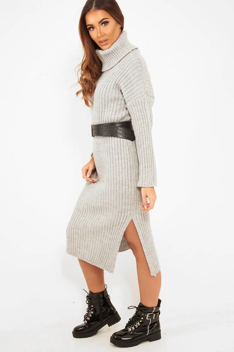 Grey Knitted Roll Neck Jumper Dress - Cecily