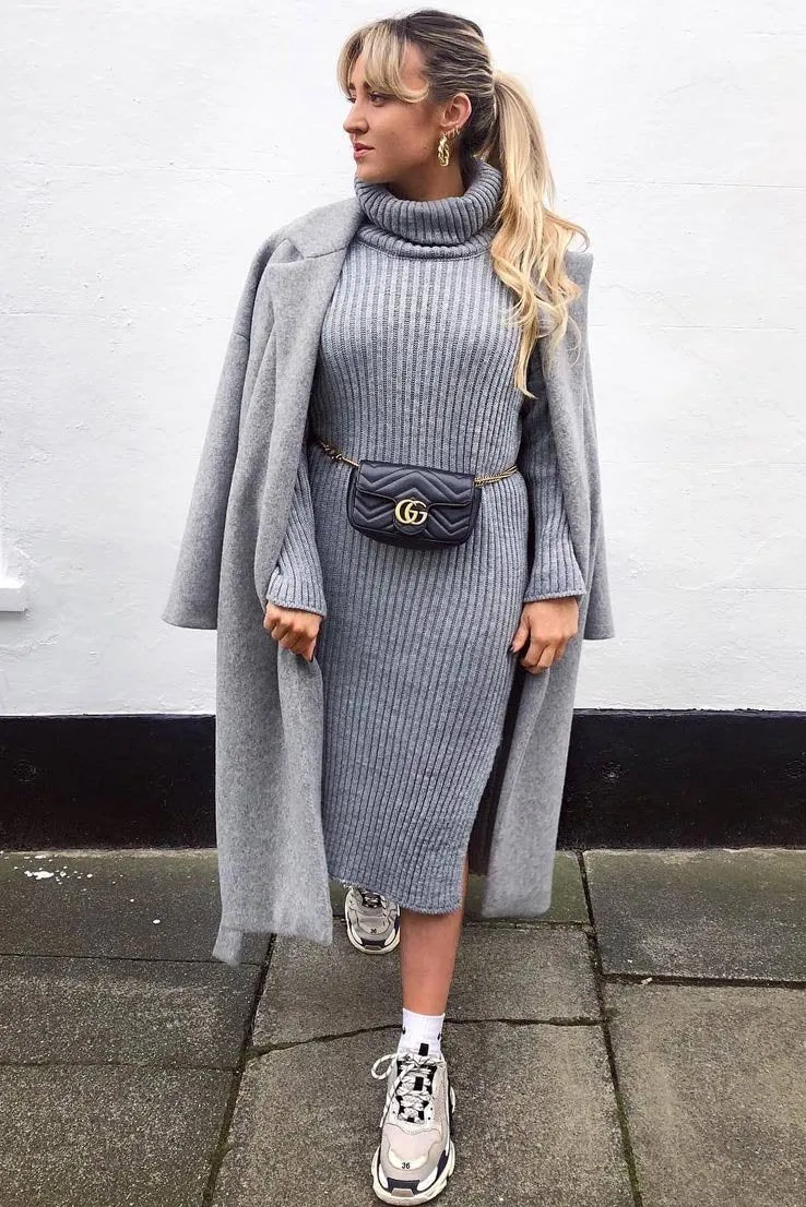 Grey Knitted Roll Neck Jumper Dress - Cecily