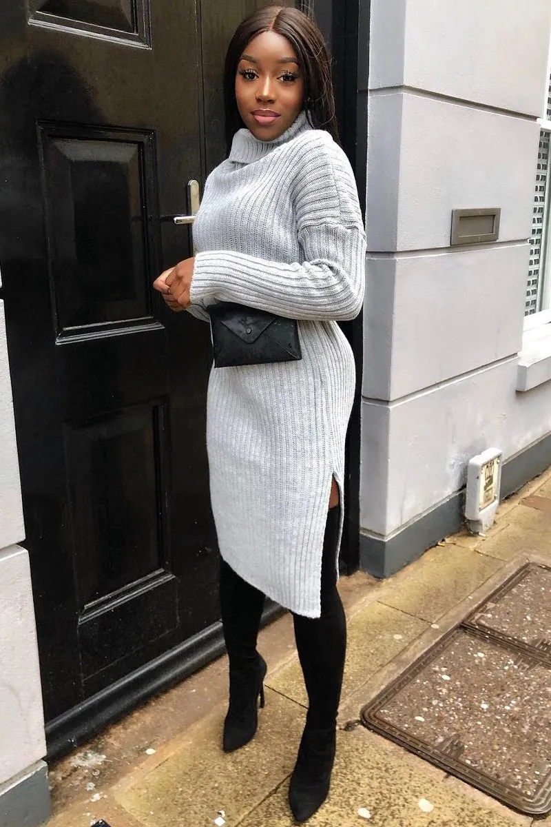 Grey Knitted Roll Neck Jumper Dress - Cecily