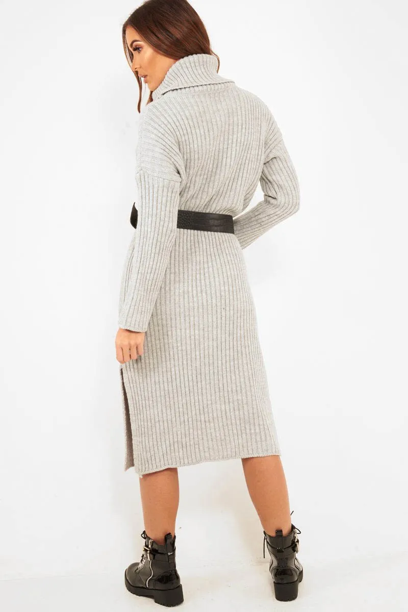 Grey Knitted Roll Neck Jumper Dress - Cecily