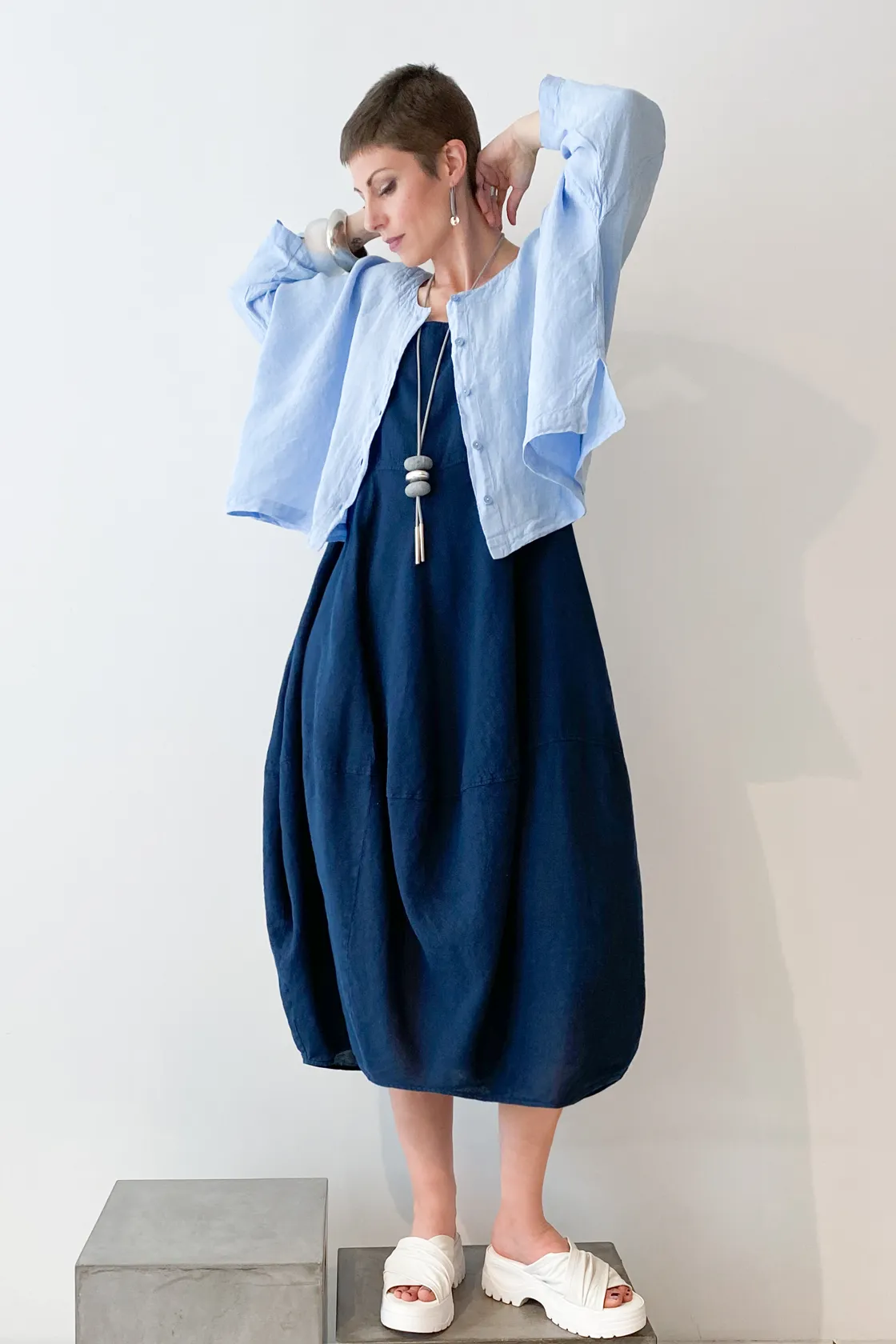 GRIZAS Palloncino Dress in Navy Linen