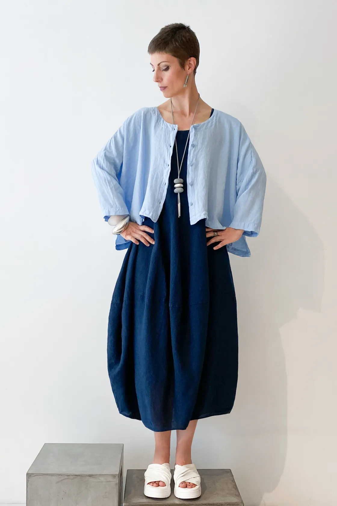 GRIZAS Palloncino Dress in Navy Linen