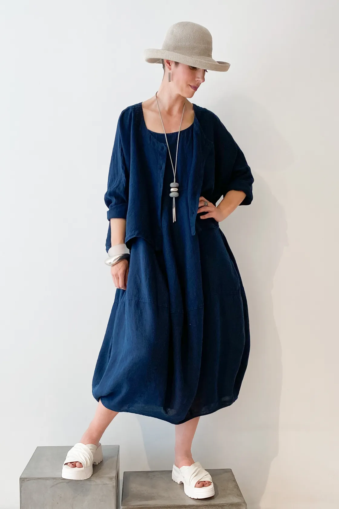 GRIZAS Palloncino Dress in Navy Linen