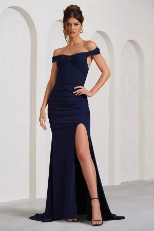 Harmony | Navy Ruched Bardot Split Fishtail Maxi Dress