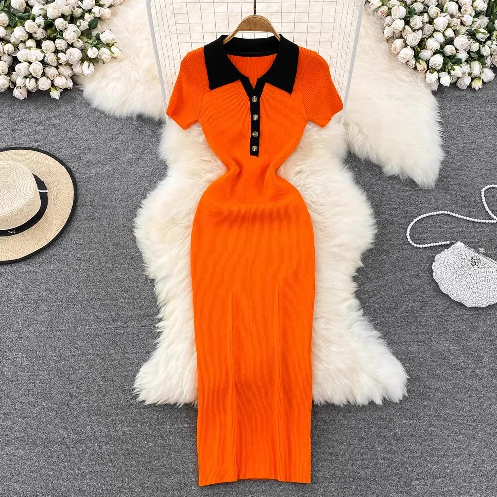 hot girl fashion short-sleeved mid-length knitted dress for women      S4256