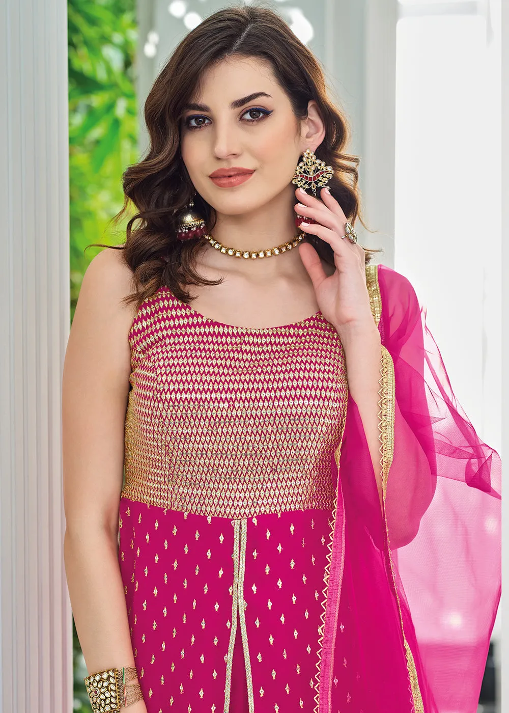 Indo Western Magenta Georgette Festive Party Gharara Suit