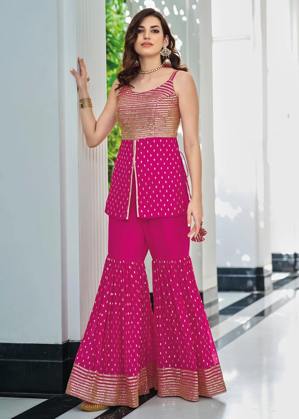 Indo Western Magenta Georgette Festive Party Gharara Suit