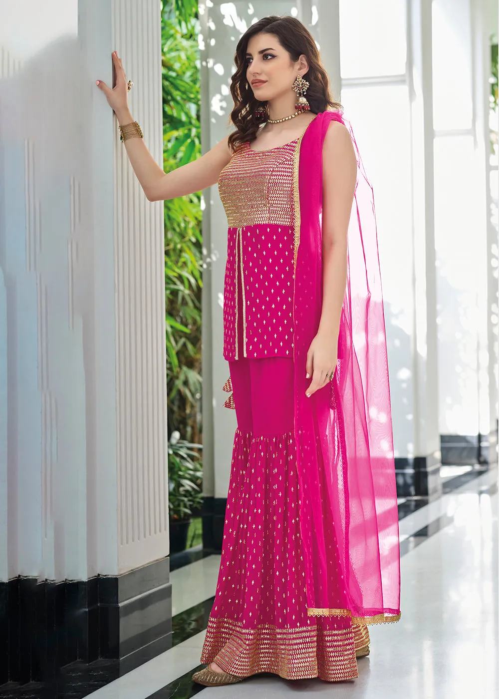 Indo Western Magenta Georgette Festive Party Gharara Suit