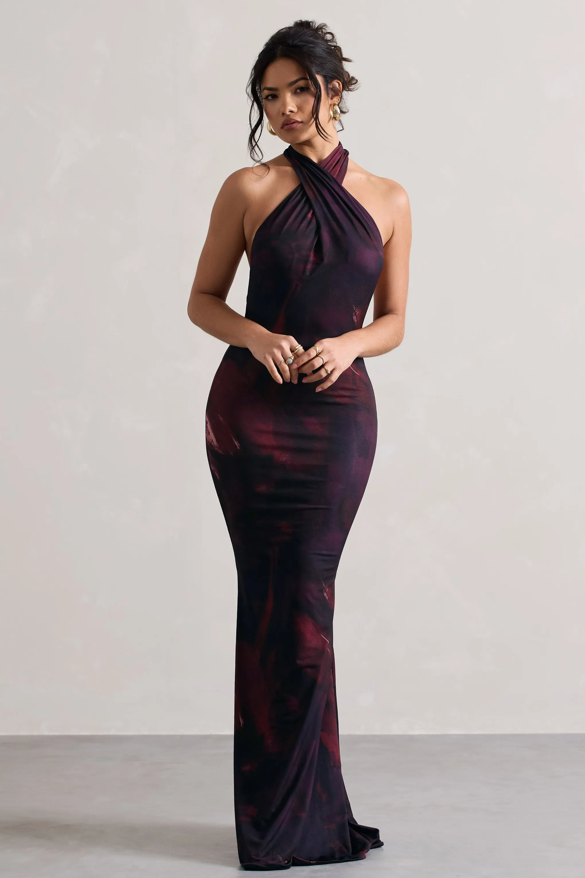 Invincible | Plum Print Cross Over Halter-Neck Open-Back Maxi Dress