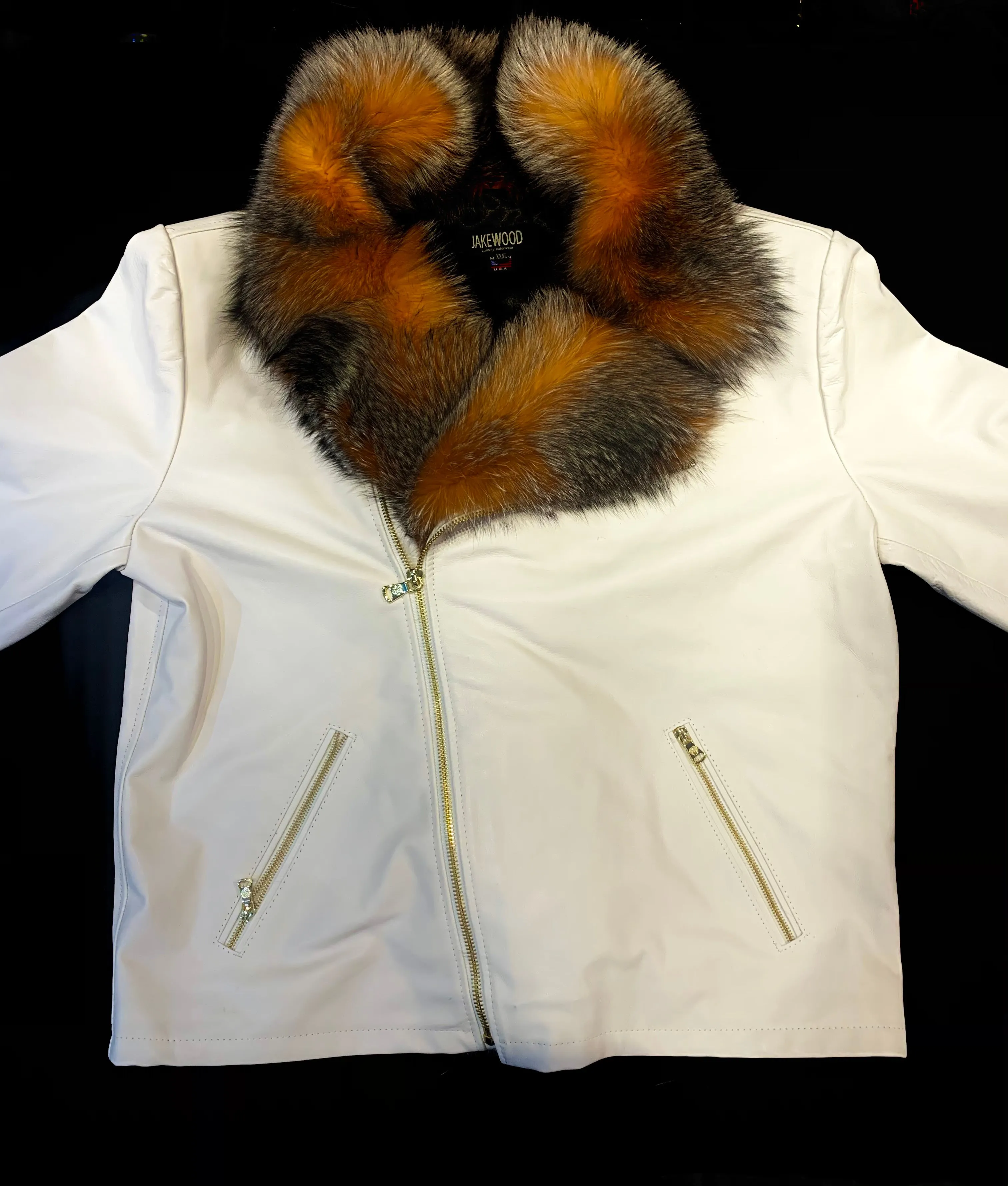 Kashani Men's White LambSkin Red Fox Collar Biker Jacket