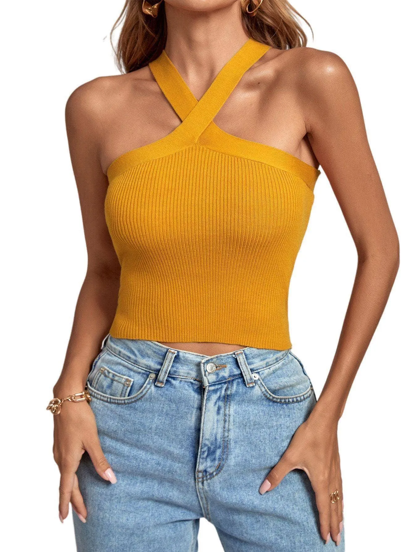 Ladies Slim Sleeveless Cross Neck Crop Top YL0311