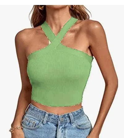 Ladies Slim Sleeveless Cross Neck Crop Top YL0311