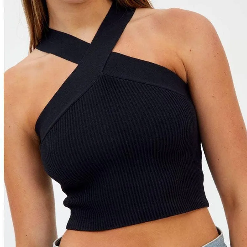 Ladies Slim Sleeveless Cross Neck Crop Top YL0311