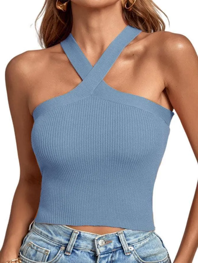 Ladies Slim Sleeveless Cross Neck Crop Top YL0311