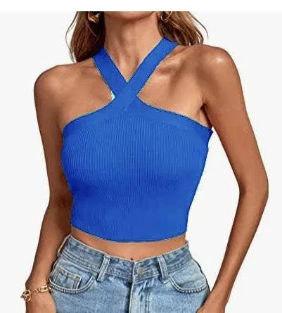 Ladies Slim Sleeveless Cross Neck Crop Top YL0311