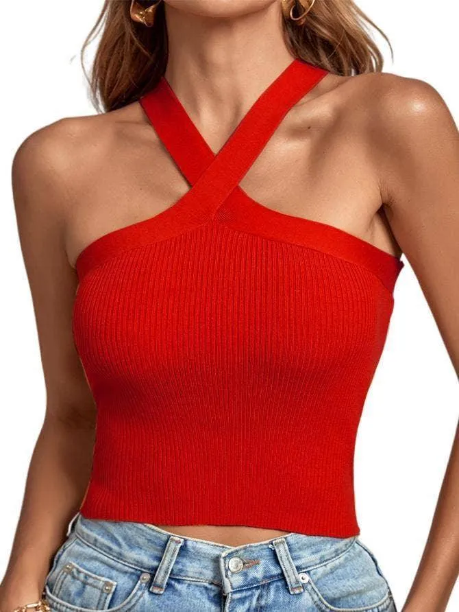 Ladies Slim Sleeveless Cross Neck Crop Top YL0311