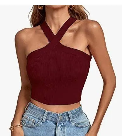 Ladies Slim Sleeveless Cross Neck Crop Top YL0311