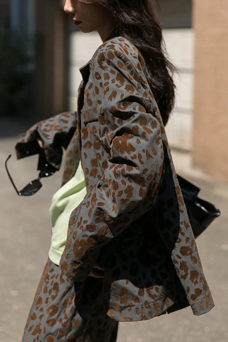 Leopard Print Blazer & High-Waisted Wide-Leg Pants Two-Piece Suit