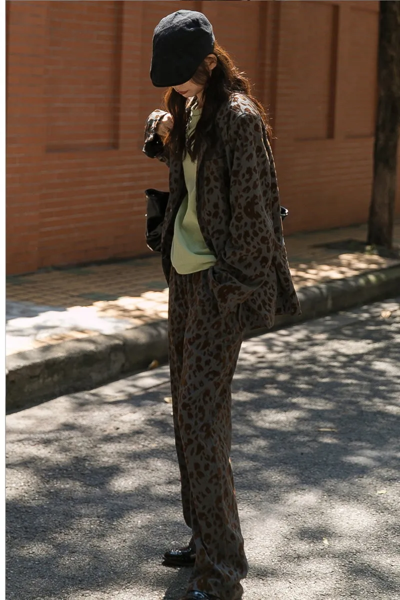 Leopard Print Blazer & High-Waisted Wide-Leg Pants Two-Piece Suit