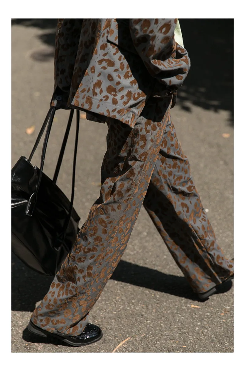 Leopard Print Blazer & High-Waisted Wide-Leg Pants Two-Piece Suit