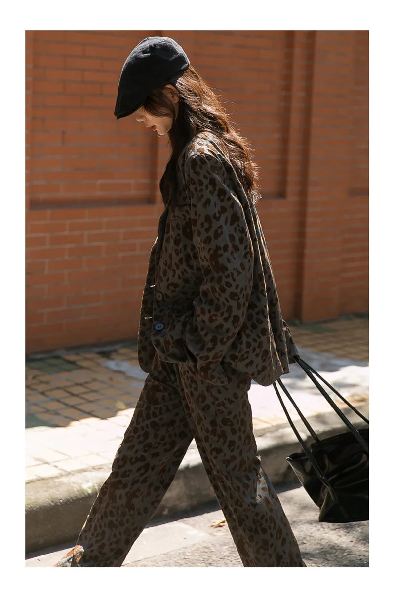 Leopard Print Blazer & High-Waisted Wide-Leg Pants Two-Piece Suit