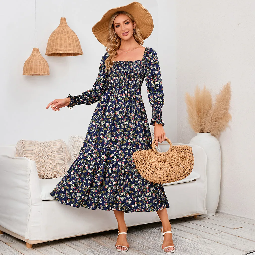 Long Sleeve Chiffon Square Neck Floral Dress