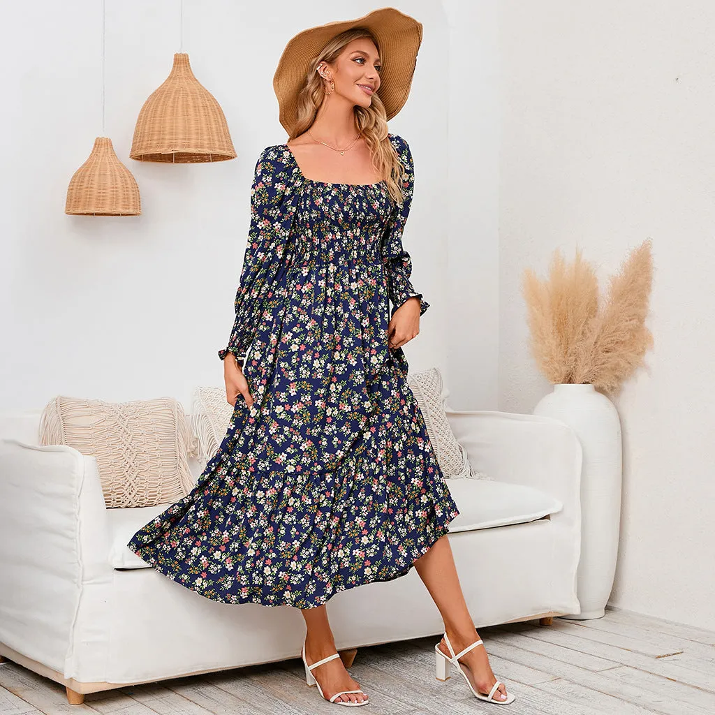 Long Sleeve Chiffon Square Neck Floral Dress