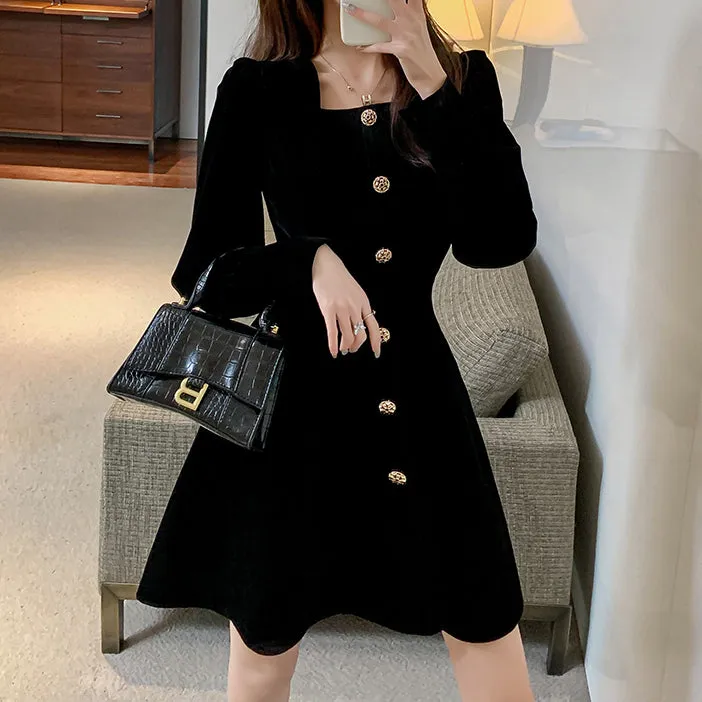 Long Sleeve Square Neck Velvet Irregular Homecoming Dress