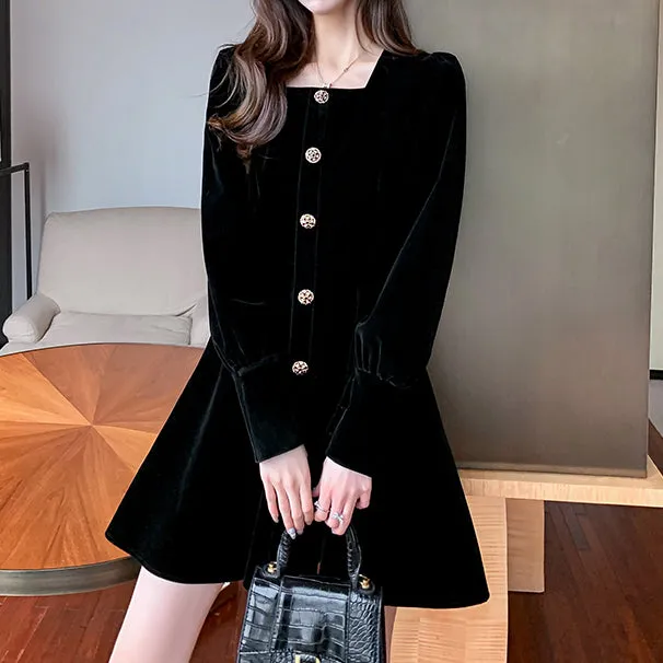 Long Sleeve Square Neck Velvet Irregular Homecoming Dress