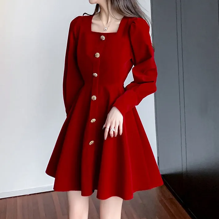 Long Sleeve Square Neck Velvet Irregular Homecoming Dress