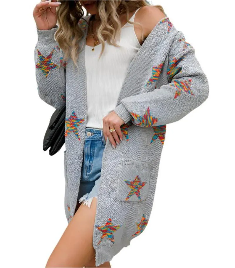 Long Sleeves Mid-Length Five-Pointed Star Knitted Cardigan