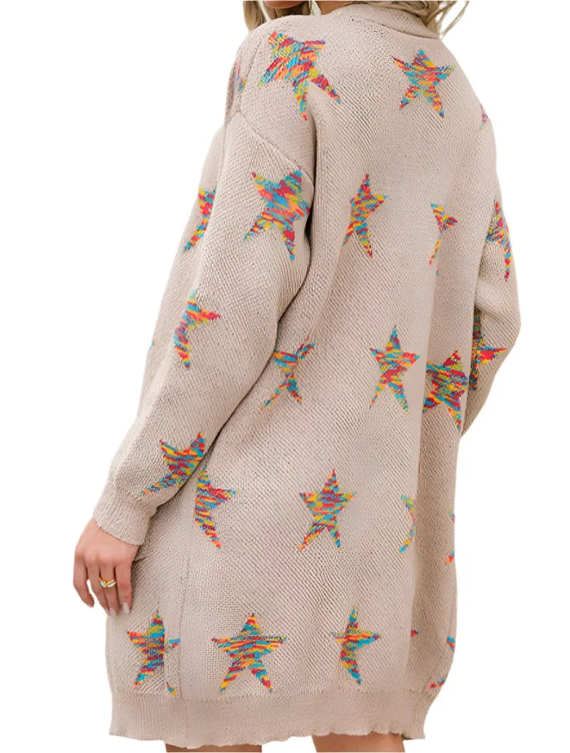 Long Sleeves Mid-Length Five-Pointed Star Knitted Cardigan