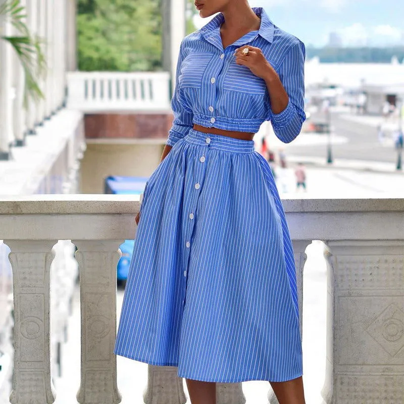 Long Sleeves Stripe Button Collared Crop Shirt and Midi Skirt