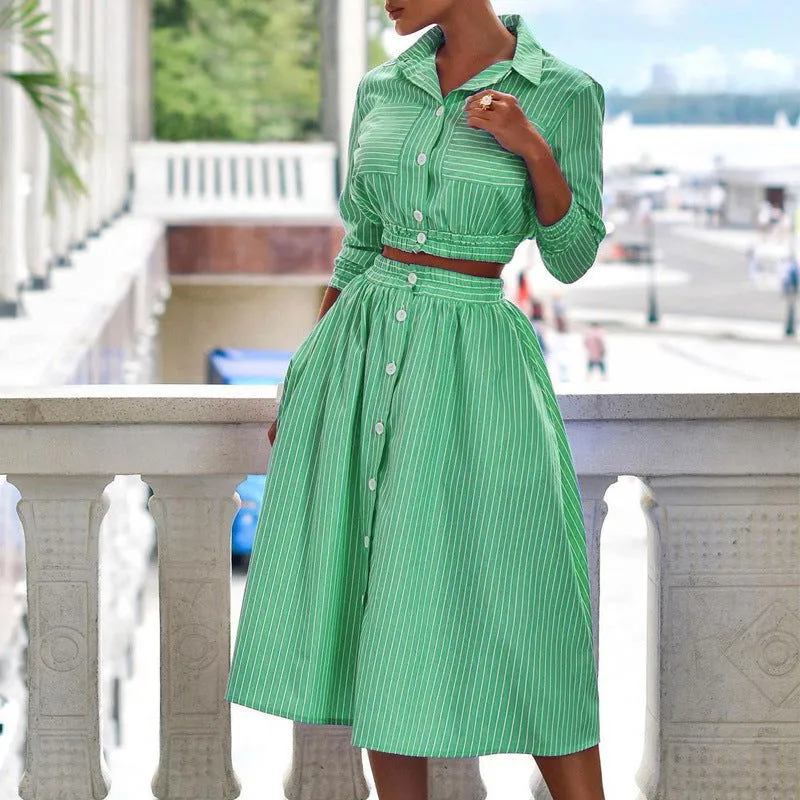 Long Sleeves Stripe Button Collared Crop Shirt and Midi Skirt