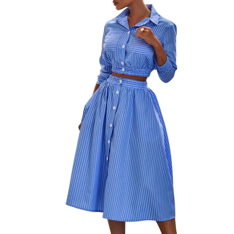 Long Sleeves Stripe Button Collared Crop Shirt and Midi Skirt