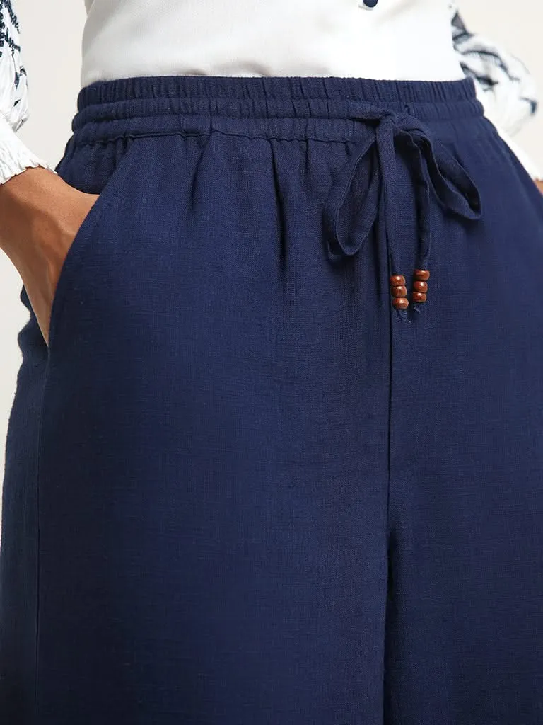 LOV Navy Solid Blended Linen Wide-Leg Pants