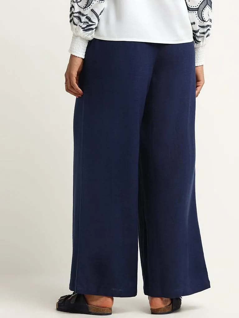 LOV Navy Solid Blended Linen Wide-Leg Pants