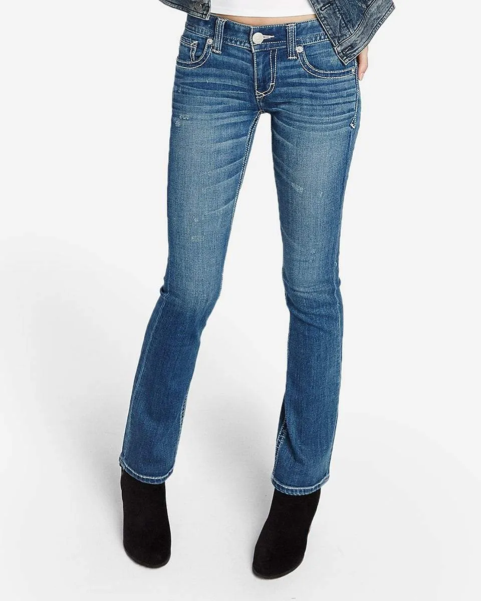 Low Rise Thick Stitch Barely Boot Jeans in Medium Wash