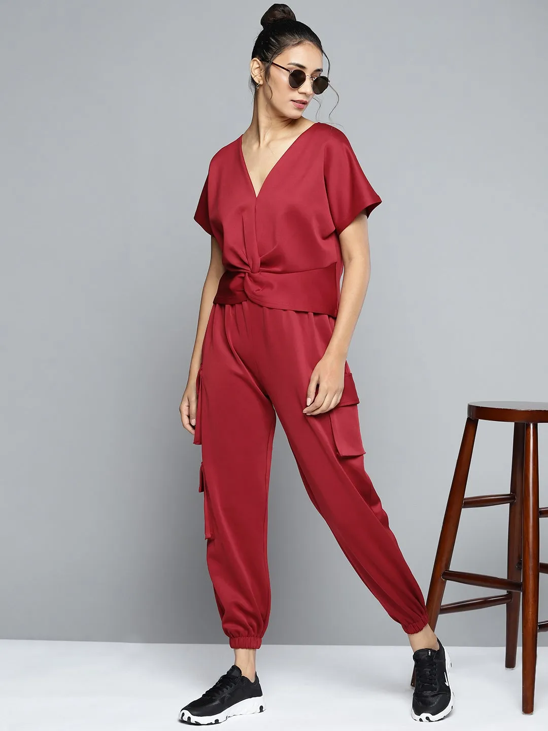 Maroon Scuba Front Knot Detail Top